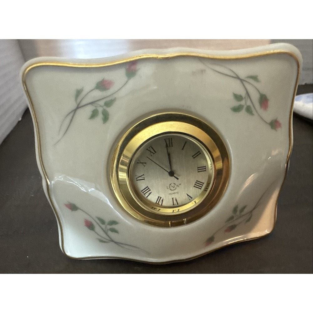 Lenox Rose Manor Small Porcelain Desk Clock‎ With Gold Trim & Flowers